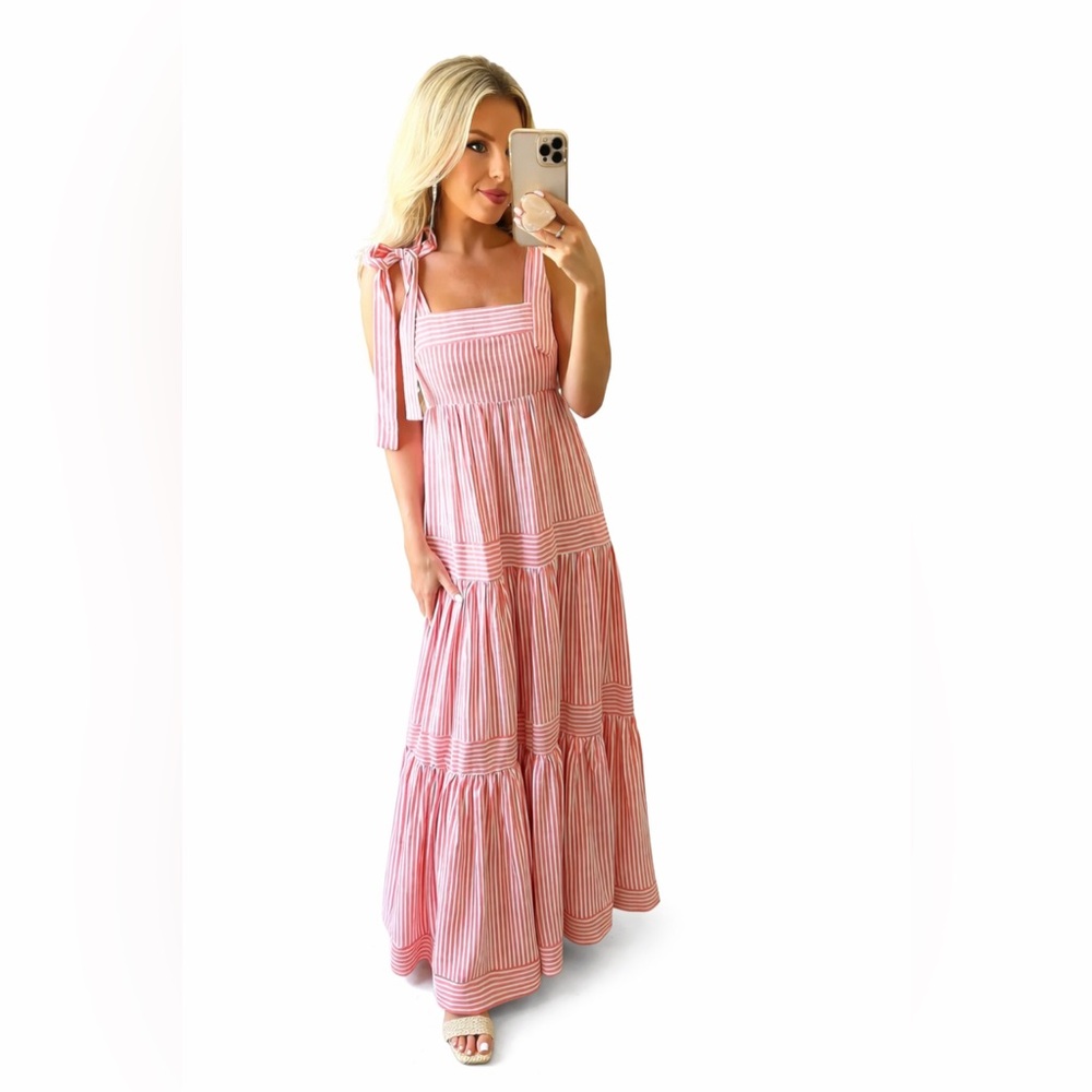 By Together Striped Tie Shoulders Tiered Maxi Dress Size Small - Picture 11 of 11